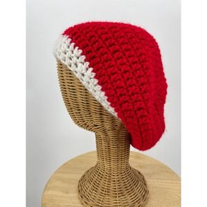 Vintage Crochet Knit Red and White Slouchy Beret Beanie Hat Handmade 0